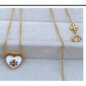 Tory Burch White Enamel Logo Heart Necklace